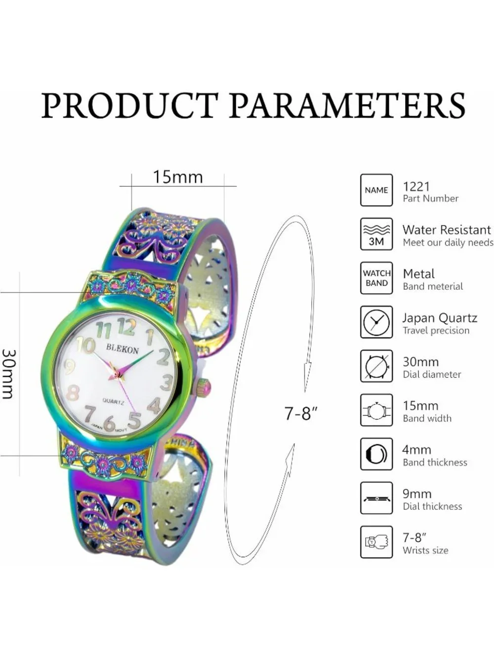 Women's Iridescent Japanese Quart 28mm Case Elegantly Designed Cuff Bangle Watch